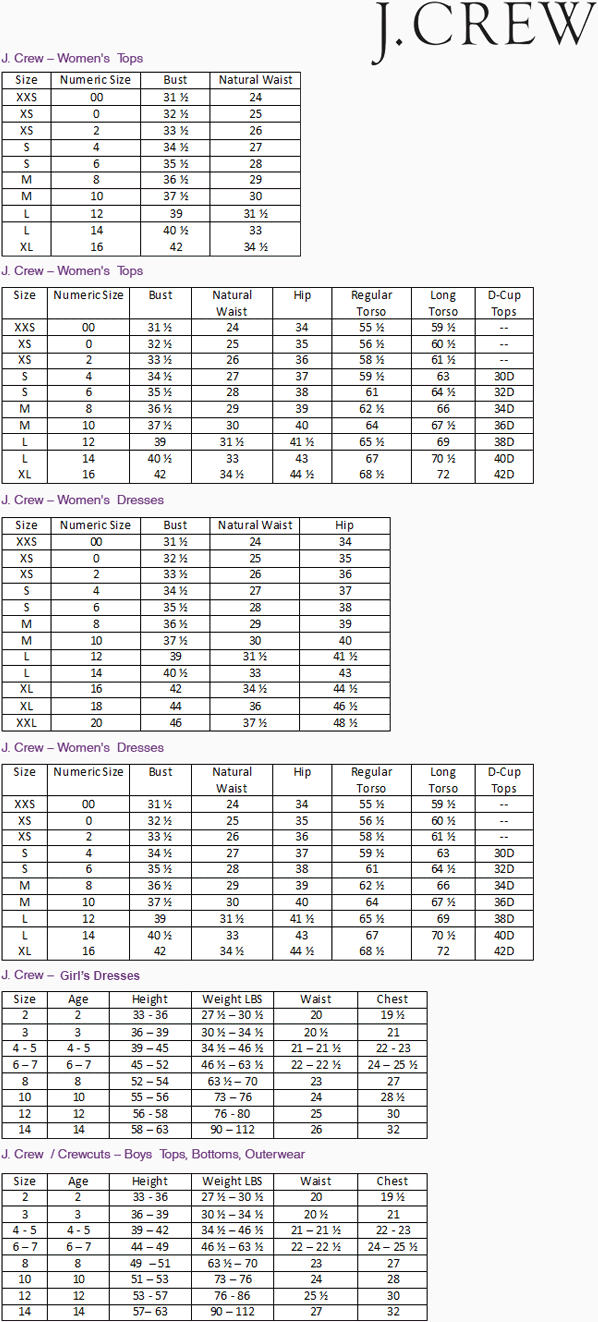 J Crew Women S Size Chart